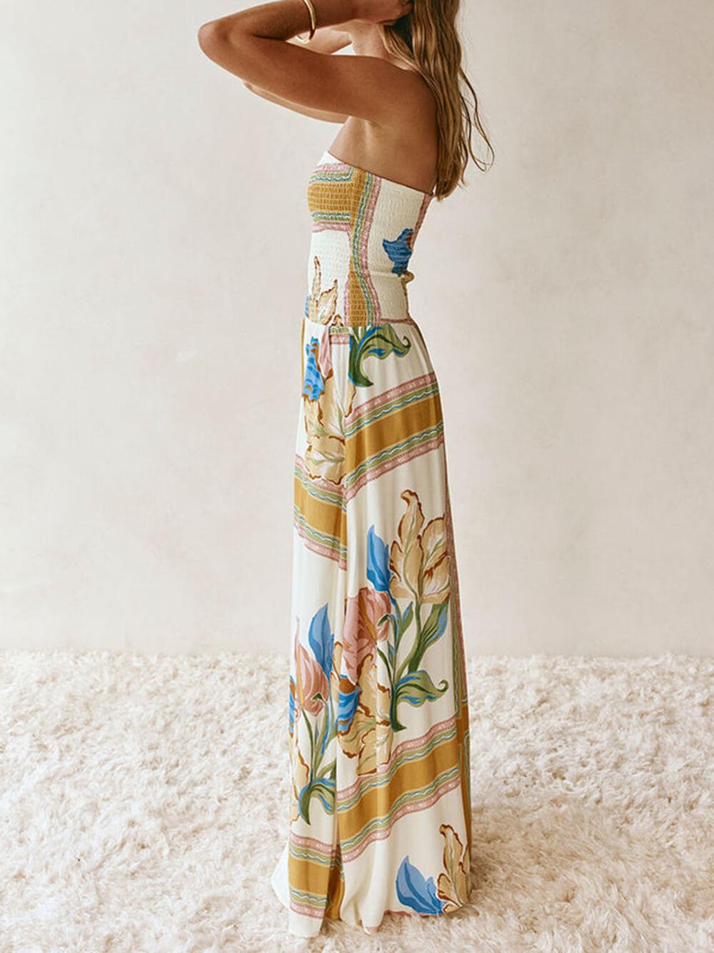 Aurohaya Elegant Off-Shoulder Printed Ruched A-Line With Pockets Maxi Dress