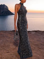 Aurohaya Elegant Sequined Backless Maxi Dress Black