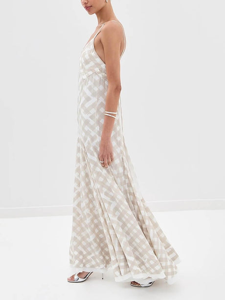 Aurohaya Elegant Plaid Print Pleated Crepe Maxi Dress