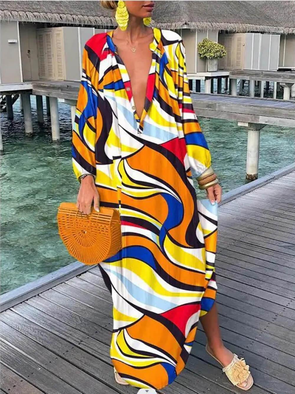 Aurohaya Bohemian V-Neck Printed Maxi Dress Yellow