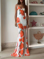 Aurohaya Exquisite Satin Open Back Floral Print Maxi Dress White