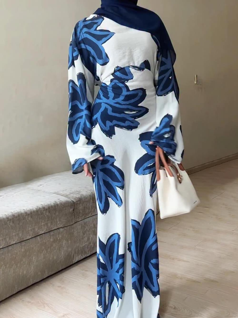 Aurohaya Elegant Floral Print Waist-Defined Maxi Dress