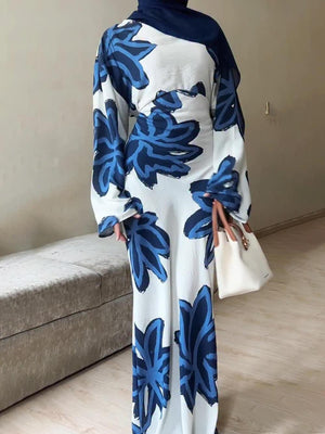 Aurohaya Elegant Floral Print Waist-Defined Maxi Dress