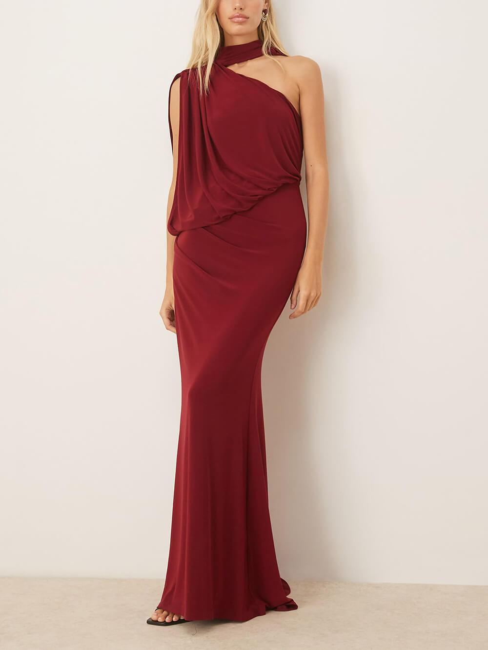Aurohaya Exquisite One-Shoulder Draped Pleated Cape Maxi Dress Burgundy
