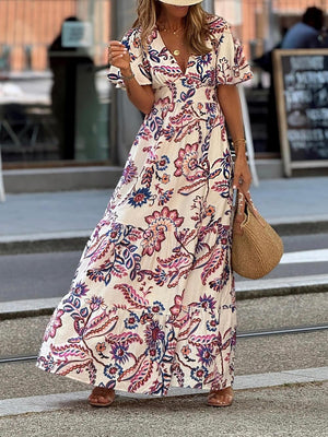 Aurohaya Elegant Floral Print A-Line Maxi Dress Multicolors