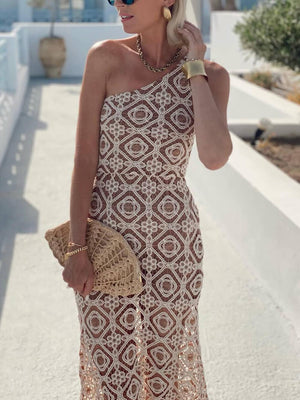 Aurohaya Summer Obsession One-Shoulder Crochet Lace Maxi Dress