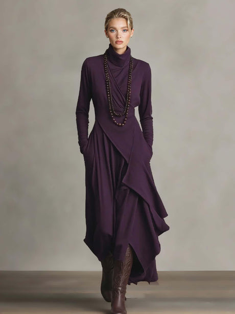 Aurohaya Elegant High-Neck Draped Asymmetrical Maxi Dress Purple