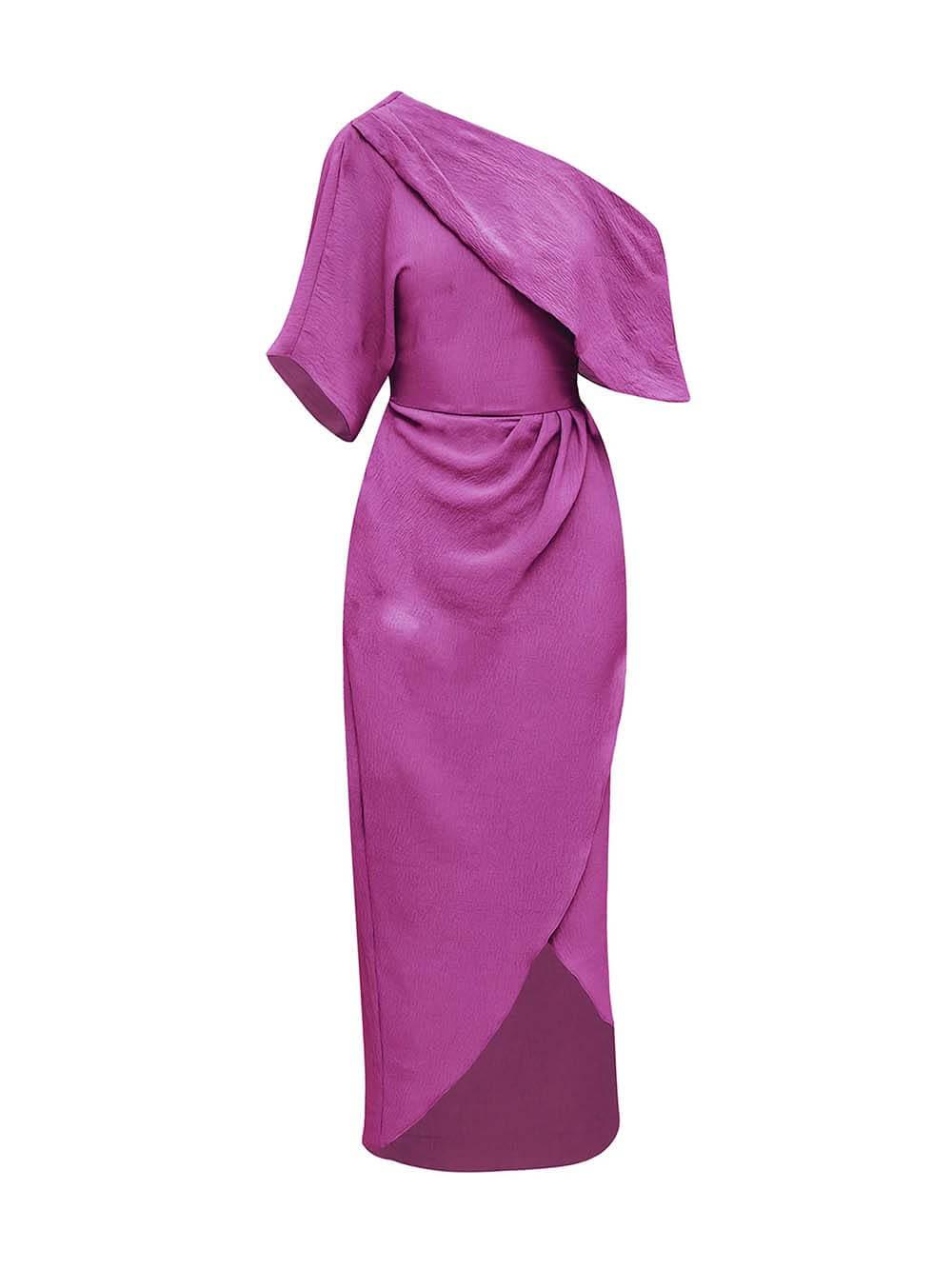 Aurohaya Exquisite Satin Irregular Lapel Neckline Design Ruched Maxi Dress