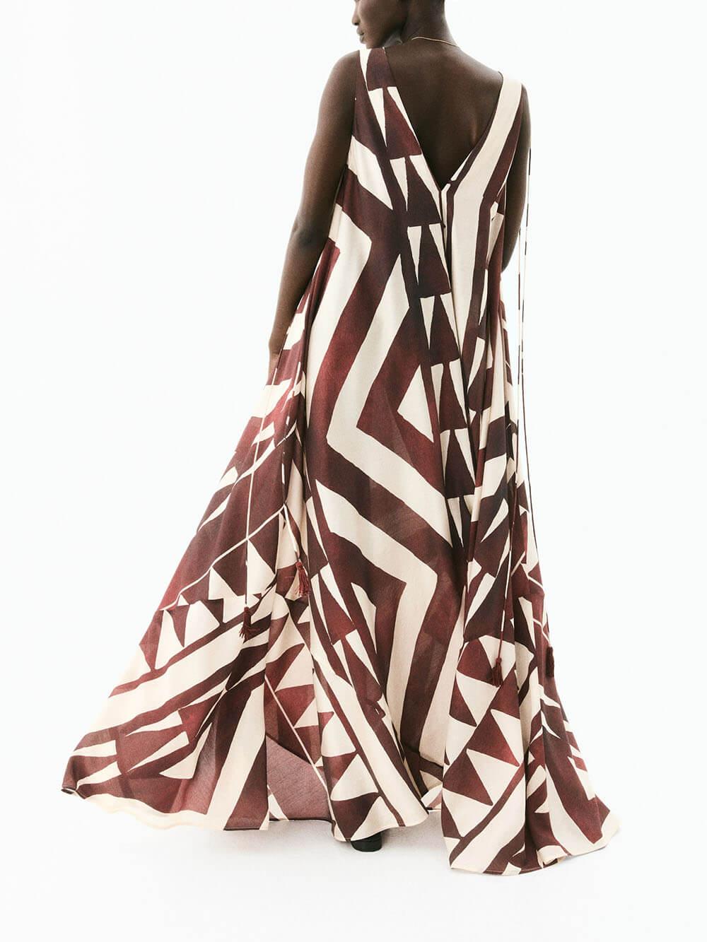 Aurohaya Casual V-Neck Printed Tie-Waist Loose Sleeveless Flowy Maxi Dress