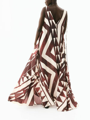 Aurohaya Casual V-Neck Printed Tie-Waist Loose Sleeveless Flowy Maxi Dress