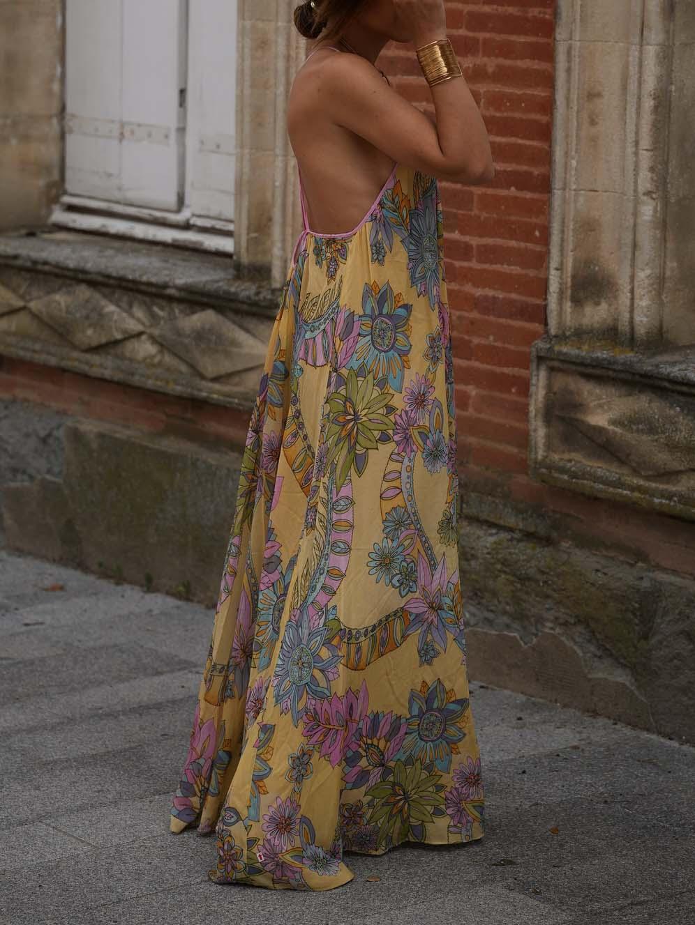 Aurohaya Exquisite Bohemian Print Chiffon Flowy Maxi Dress