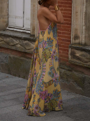 Aurohaya Exquisite Bohemian Print Chiffon Flowy Maxi Dress