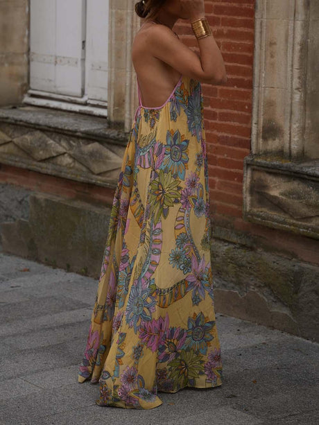Aurohaya Exquisite Bohemian Print Chiffon Flowy Maxi Dress
