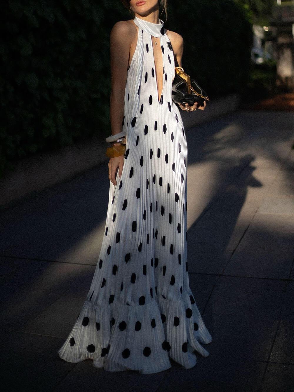 Aurohaya Elegant Polka Dot Backless Halter Evening Gown Maxi Dress