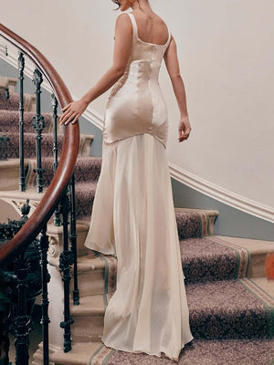 Aurohaya Elegant Square Neck Chiffon Floor-Length Maxi Dress