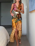 Delicate Floral Print V-Neck Twisted Draped Satin Maxi Dress