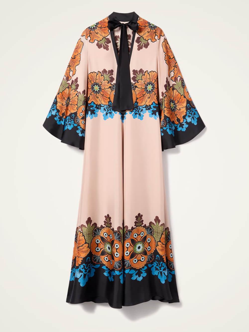 Aurohaya Exquisite Floral Print V-Neck Loose-Fit Maxi Dress