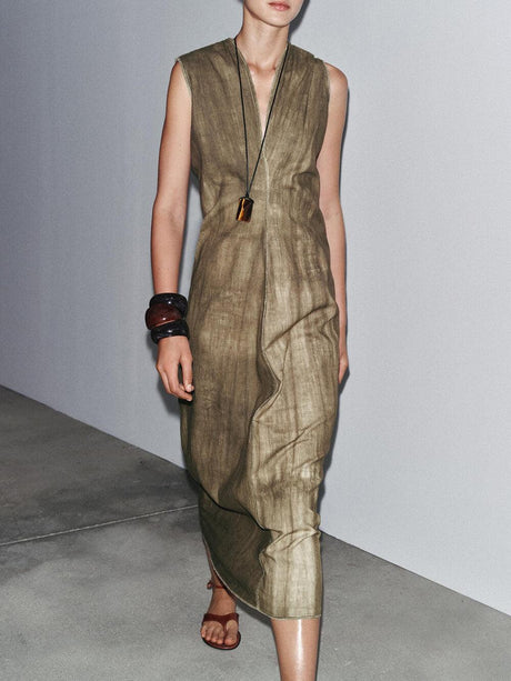 Aurohaya Exquisite Abstract Tie-Dye Print Linen Sleeveless Vacation Midi Dress