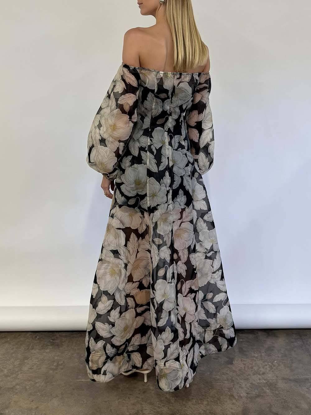 Aurohaya Elegant Off-Shoulder Printed Puff Sleeve Maxi Dress