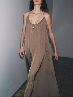 Aurohaya Elegant Pleated V-Neck Halter Maxi Dress
