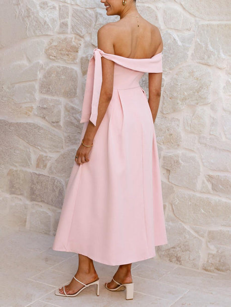 Aurohaya Elegant Off-Shoulder Tie Ruched Midi Dress