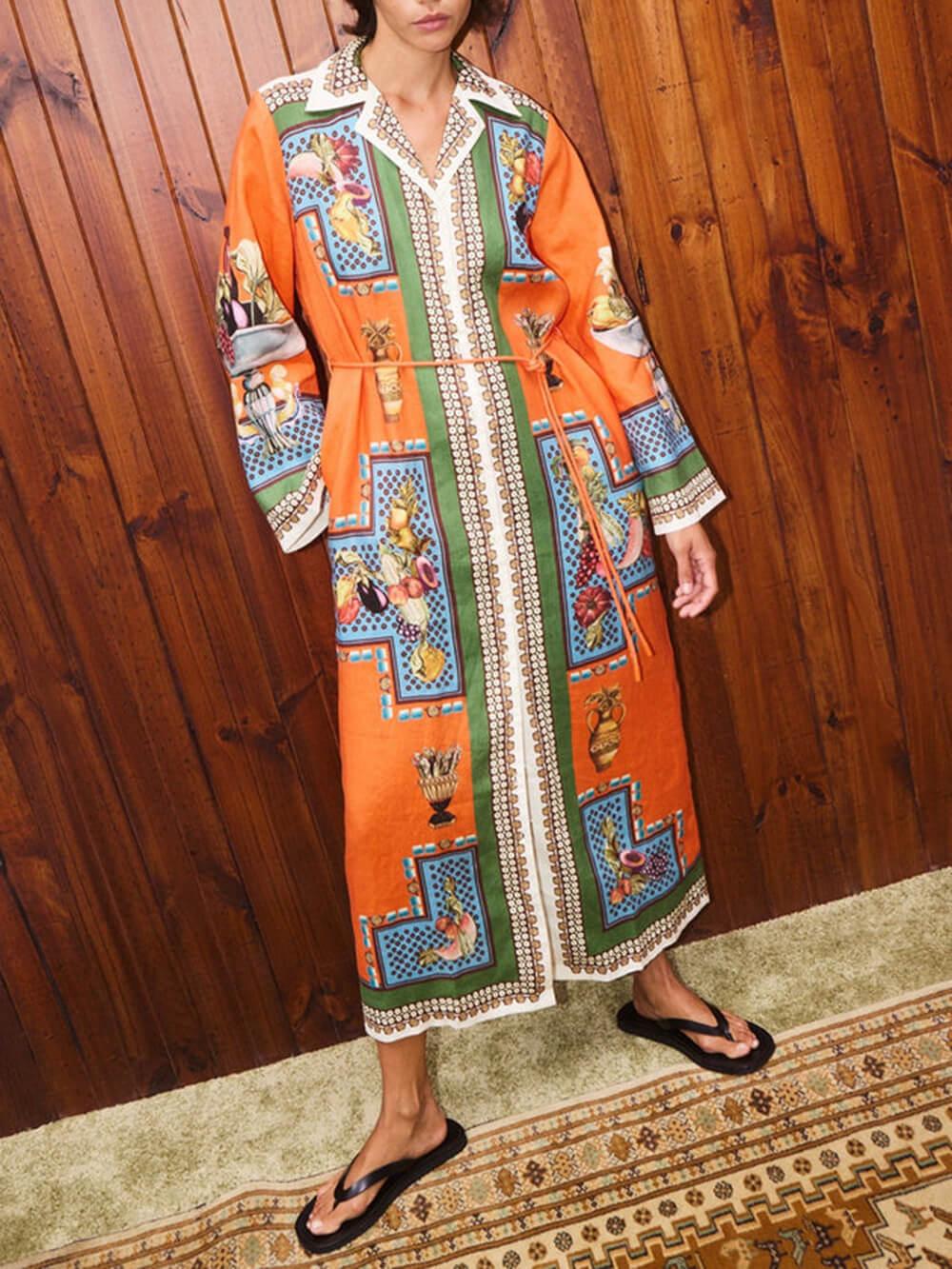 Aurohaya Classic Modern Unique Print Patchwork Loose Belted Shirt Silhouette Maxi Dress
