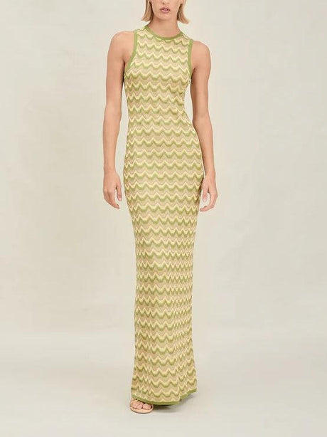 Aurohaya Exquisite Asymmetric Open Back Knitted Maxi Dress Green