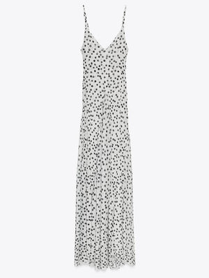 Aurohaya Elegant Polka Dot Print V-Neck Spaghetti Strap Flounce Hem Maxi Dress
