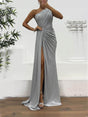 Aurohaya Elegant Sequins One-Shoulder Slit Pleats Evening Maxi Dress Silver
