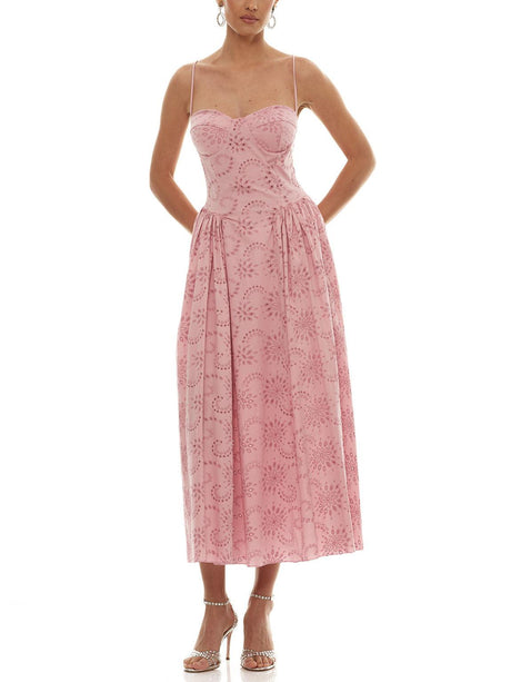 Aurohaya Romantic Embroidered Sweetheart Neck Spaghetti Strap Maxi Dress