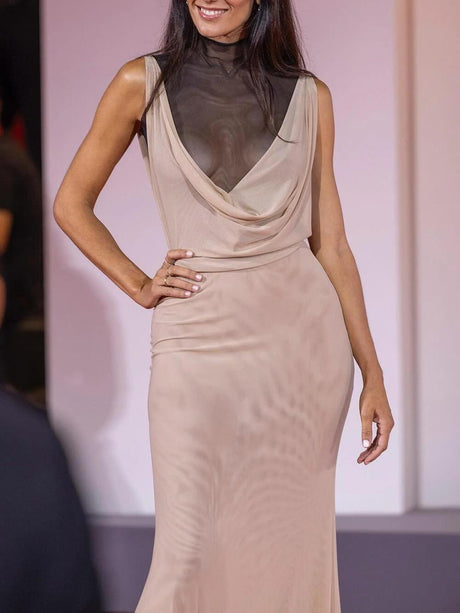 Aurohaya Elegant Sheer Drape-Neck Ruched Front Maxi Dress