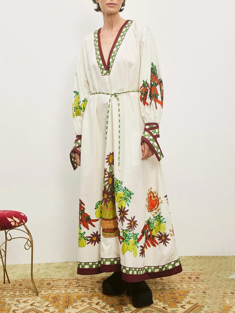 Aurohaya Unique Floral Print V-Neck Cuff Buttons Loose Maxi Dress