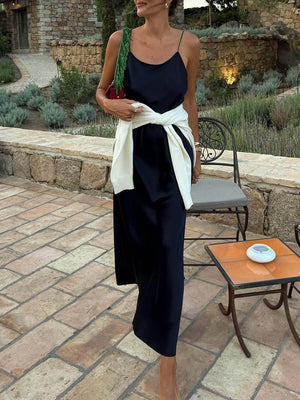 Aurohaya Casual Satin Backless Cami Maxi Dress