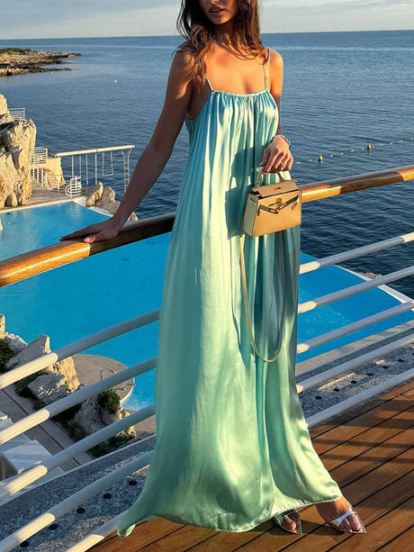 Aurohaya Elegant Satin Backless Slip Maxi Dress Blue