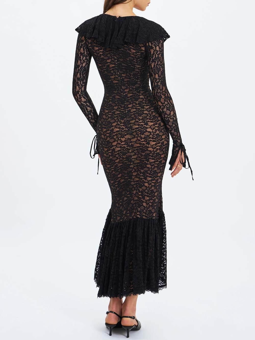 Aurohaya Exquisite Black Lace Ruffle Mermaid Maxi Dress