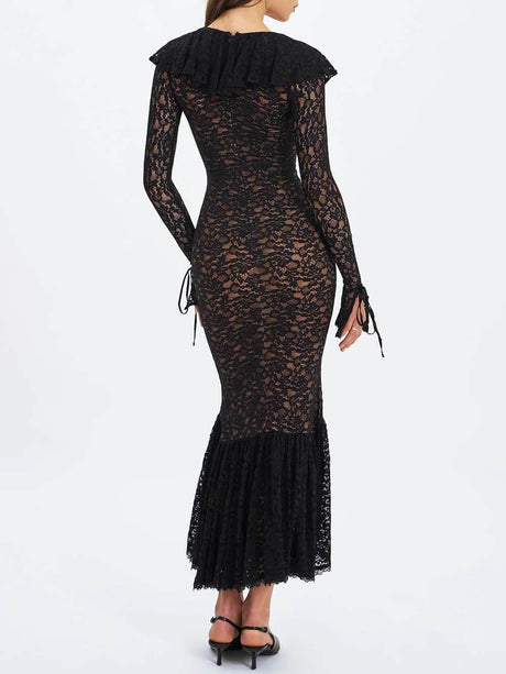 Aurohaya Exquisite Black Lace Ruffle Mermaid Maxi Dress
