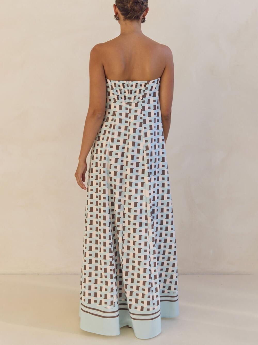 Aurohaya Exclusive Geometric Print Off-Shoulder A-Line Maxi Dress