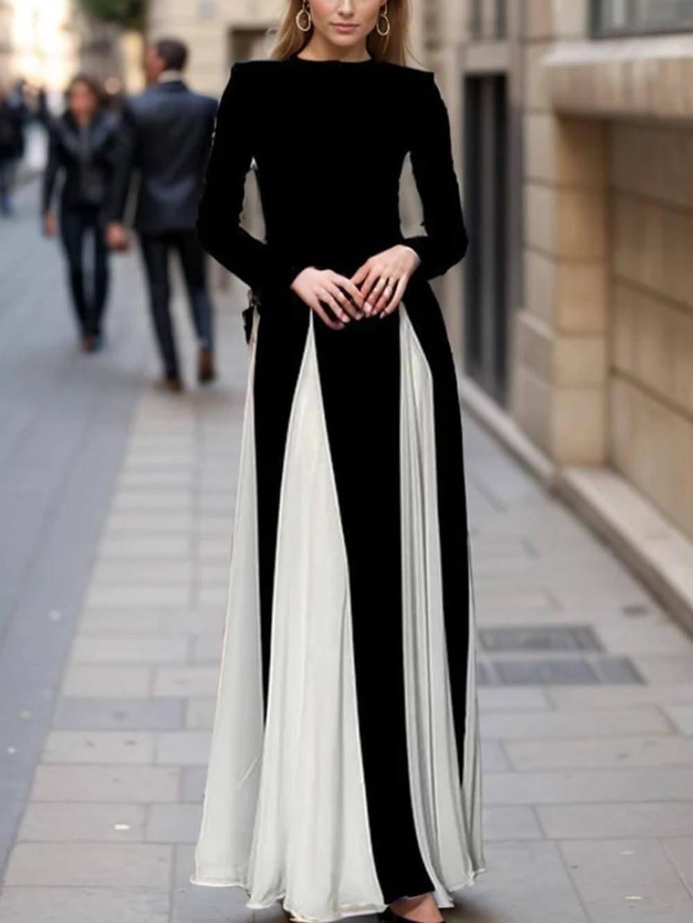 Aurohaya Glam Elegant Panelled Tulle Long Sleeve A-line Maxi Dress Black