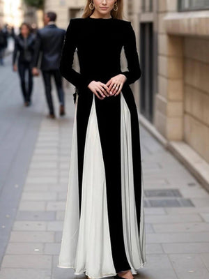 Aurohaya Glam Elegant Panelled Tulle Long Sleeve A-line Maxi Dress Black