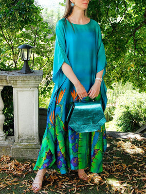 Aurohaya Bohemian Floral Print Satin Maxi Dress