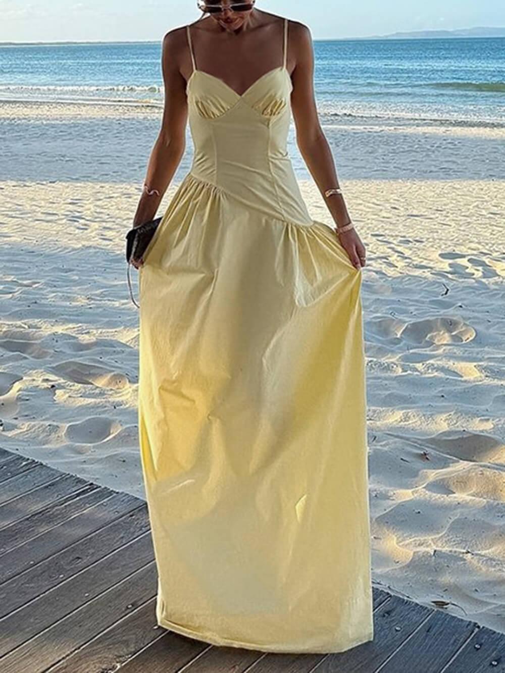 Aurohaya Summer A-Line Fitted Vacation Spaghetti Strap Maxi Dress