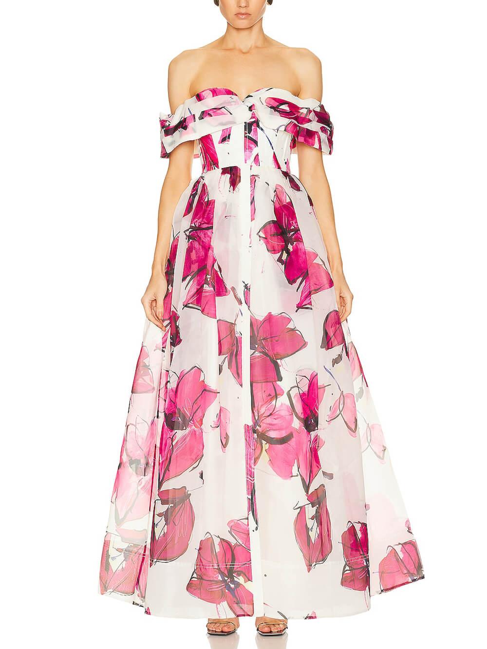 Aurohaya Delicate Playful Floral Print Cinched Waist Maxi Dress