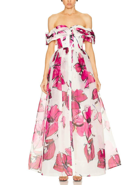 Aurohaya Delicate Playful Floral Print Cinched Waist Maxi Dress