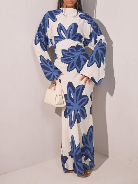 Aurohaya Elegant Floral Print Waist-Defined Maxi Dress Blue