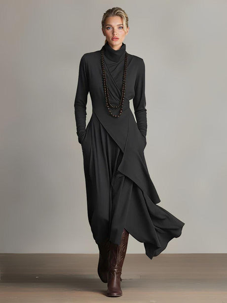 Aurohaya Elegant High-Neck Draped Asymmetrical Maxi Dress Black
