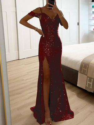 Aurohaya Elegant V-Neck Sequin Side-Slit Sleeveless Gown Maxi Dress Wine Red