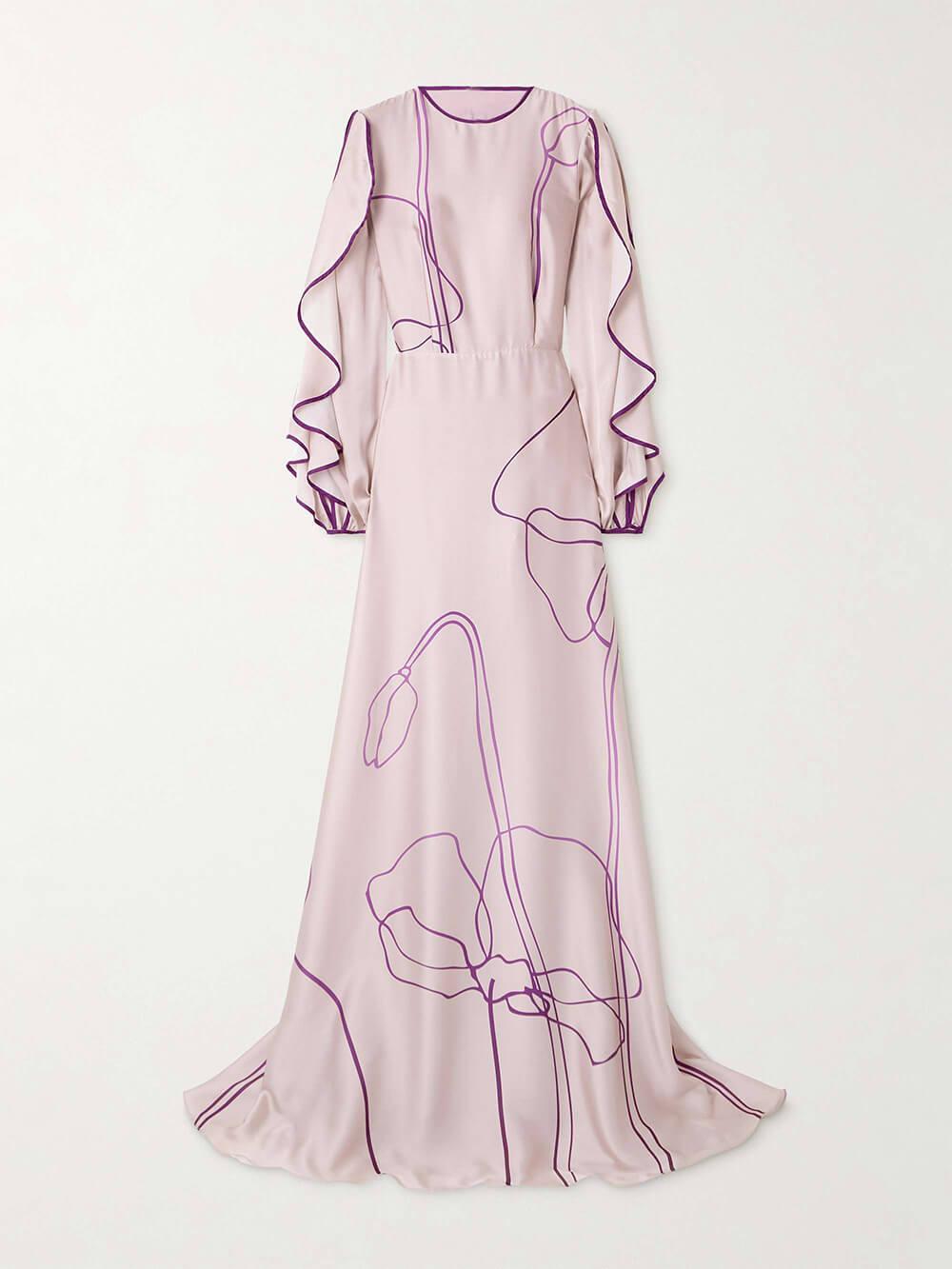 Aurohaya Retro Ruffled Cutout Floral Print Satin Maxi Dress