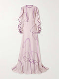 Retro Ruffled Cutout Floral Print Satin Maxi Dress