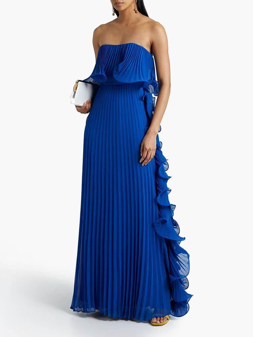 Aurohaya Elegant Chiffon Pleated Wavy Ruffles Trim Strapless Loose Maxi Dress Blue