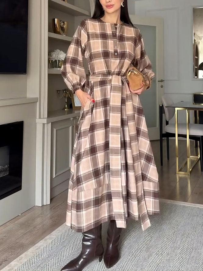 Aurohaya Casual Plaid Print Belted Maxi Dress